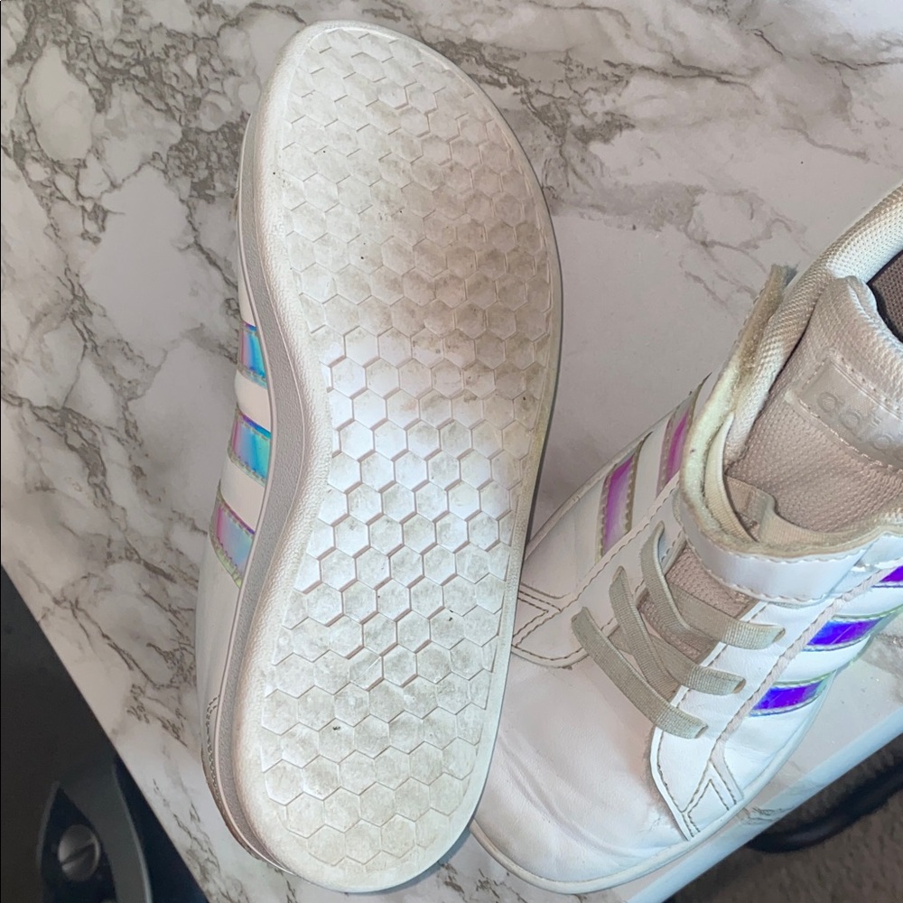 Adidas Originals Superstar Kids White Sneakers with Iridescent Blue Stripes - Picture 10 of 10